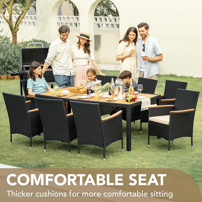 Devoko Outdoor Patio Dining Sets 9 Pieces Wicker Outdoor Dining Table and Chairs Set with Acacia Wood Table Top and Widened Armrests for Backyard, Garden, Deck (Black) - Image 4