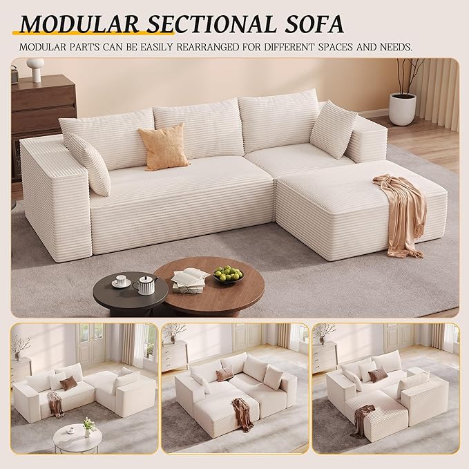 DWVO 108" Modular Sectional Couch with L-Shape Chaise, Modern Cloud Sectional Sofa with Deep Seat, Upholstered Couches for Living Room Bedroom, No Assembly Required, Beige