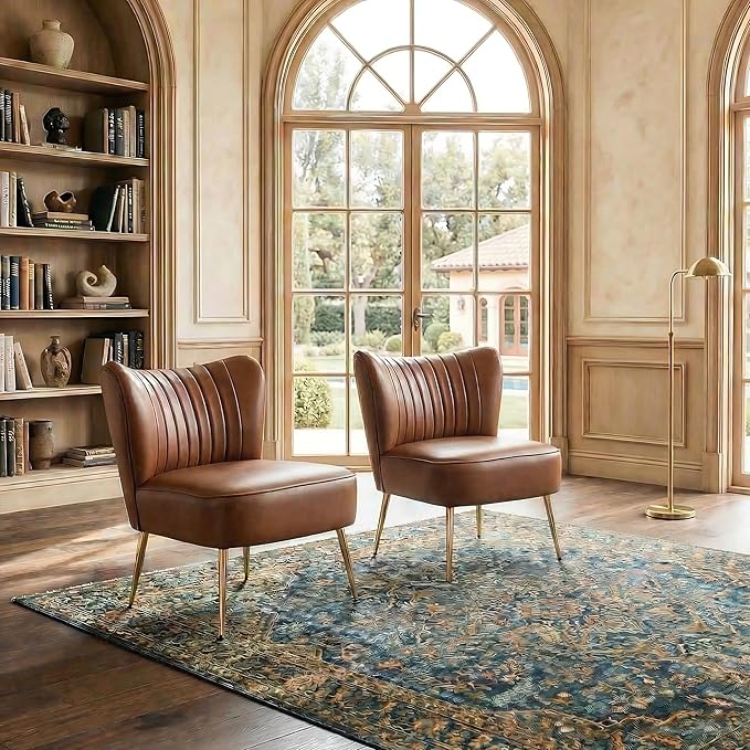 DUOMAY Modern Accent Chair Set of 2 PU Leather Slipper Chair Wingback Side Chair for Living Room Bedroom Entryway Small Corner Chair for Space Saving, Brown
