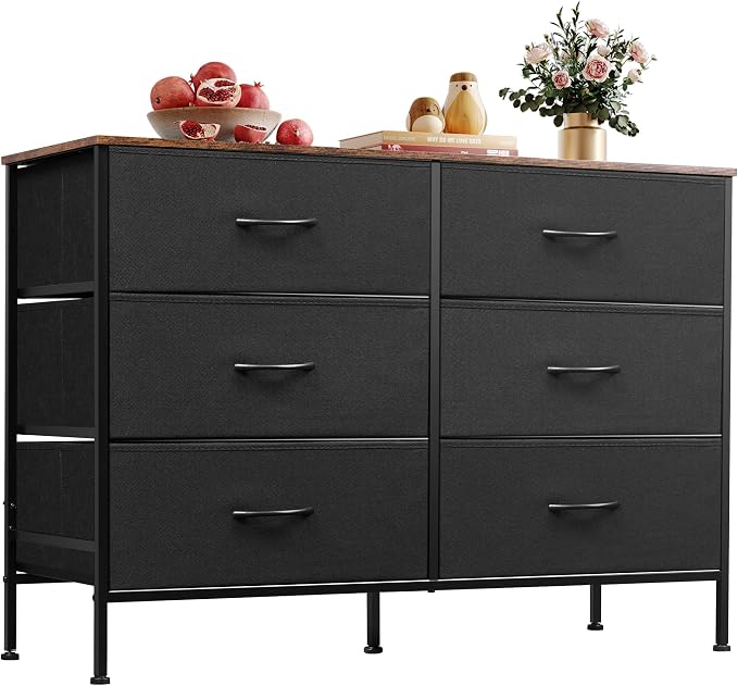 WLIVE Black Dresser for Bedroom with 6 Drawers, Dresser TV Stand for 50 Inches TV with Metal Frame, Wooden Top, Fabric Dresser for Closet, Hallway, Entryway, Black and Rustic Brown by WLIVE