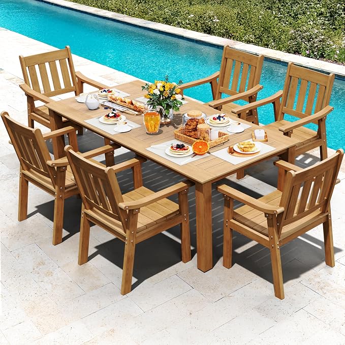 YEFU Outdoor Dining Table for 6: All Weather Rectangular Patio Table with Umbrella Hole and Aluminum Frame - Outdoor Furniture for Outside Backyard/Garden/Pool/Porch/Deck, 300lbs Capacity, Teak - Image 8