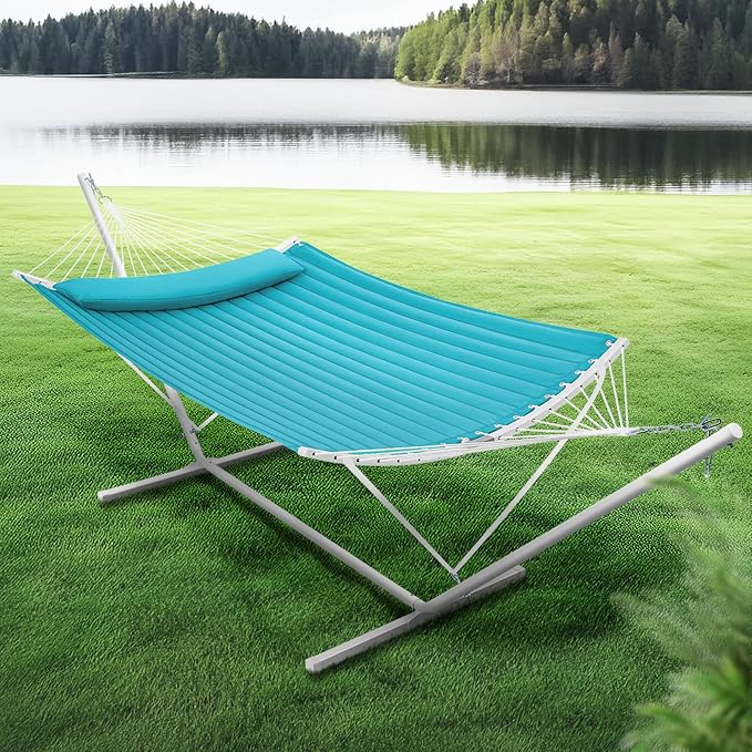 SUPERJARE Hammock with Stand, 2 Person Heavy Duty Hammock with Padded Cotton, Detachable Pillow & Strong Curved-Bar & Portable Carrying Bag, Perfect for Outdoor & Indoor, Sky Blue - Image 3