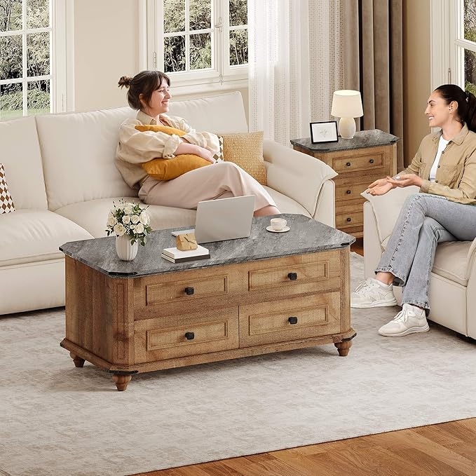 DWVO Lift Top Coffee Table with Storage, Farmhouse Wood Central Table w/Large Hidden Compartment, 2 Storage Drawers, Lift Tabletop Dining Table for Living Room, Reception Room, Rustic Brown