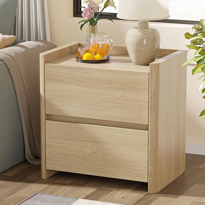 Nightstand with 2 Storage Drawer, Modern End Table for Bedroom with Cut-Out Handle, Large Night Stands for Bedroom, Home Office, Set of 1, Oak - Image 7