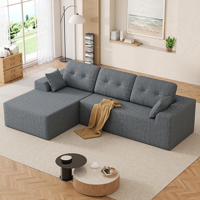 Ball & Cast 106" Cloud Modular Sectional Sofa, Boneless Chenille Couch with Deep Seat, Comfy L-Shaped Sectional, Modern Upholstered Sofa for Living Room, No Assembly (Gray, Left Facing Chaise)