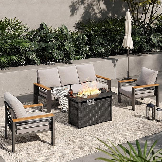 Aoxun Aluminum Outdoor Patio Furniture Set, 6-piece Outdoor Sectional with 44'' Propane Gas Firepit Table, Patio Conversation Sets with Upgraded Armrests and Cushions for Backyard (Grey,5 Seats)