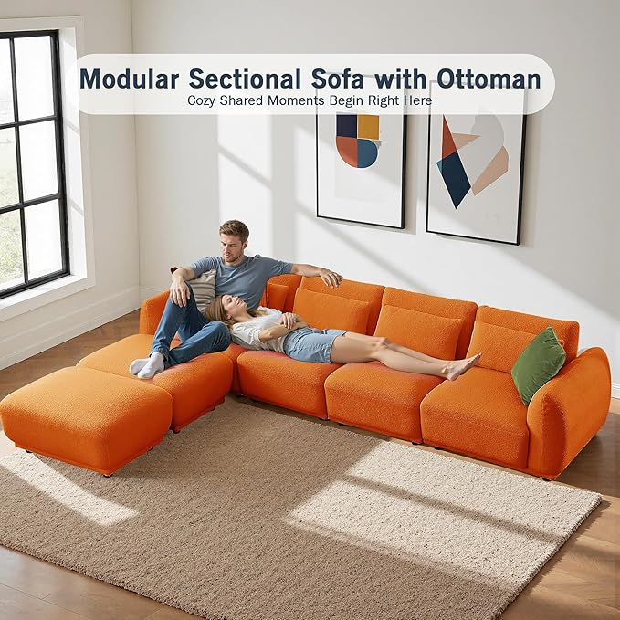 Sectional Sofa Couch, Modern U Shaped Sectional Couch with Ottoman, Modular Sectional Sofa Cloud Couches for Living Room (Orange, 4 Set + 2 Ottoman)