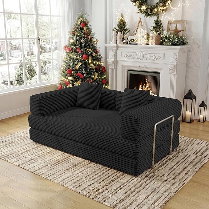 4 in 1 Futon Sofa Bed Queen Size - Foldable Convertible Sleeper Couch,Teddy Foam-Filled Compressed Couch Removable Corduroy Cover, Space Saving Sofas for Bedroom & Dorm (Black, 59” 2 Seat)