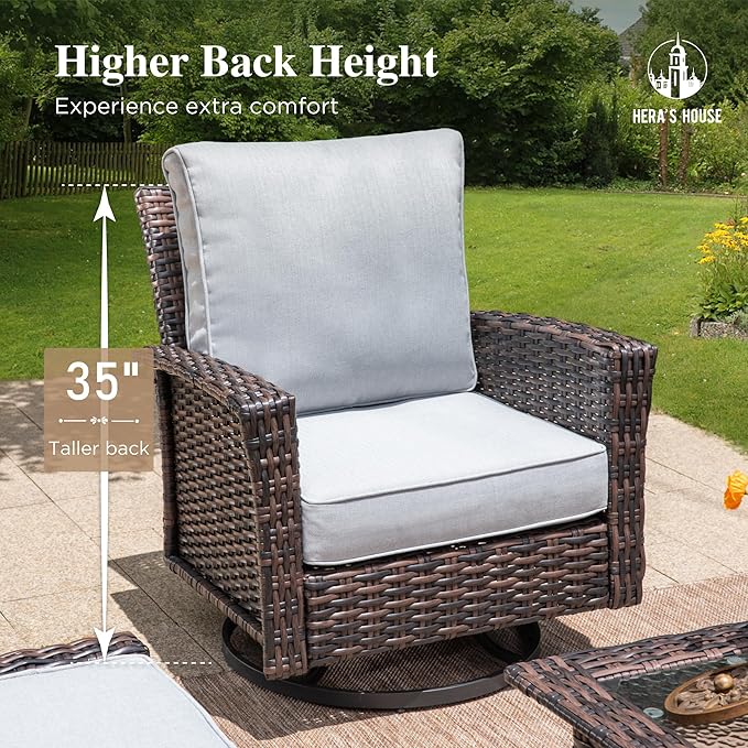 HERA'S HOUSE Patio Furniture Set with High Back Swivel Chairs, Comfy Outdoor Wicker Conversation Sofa Sets with 5.5" Thick Cushions for Deck Lawn Backyard, Gray
