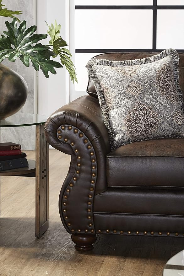 Leinster Faux Leather Sofa and Loveseat with Antique Bronze Nailheads in Espresso