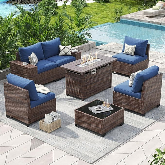Aoxun Outdoor Patio Furniture Set with 44'' Fire Pit Table, 7 Pcs Outdoor Patio Furniture Sets with 4in Thicken Cushion, Widen Armrests Wicker Outdoor Sectional for Backyard (Waterproof Cover Include)