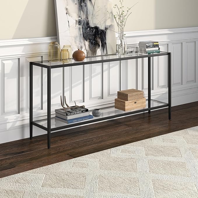 Henn&Hart 64" Wide Rectangular Console Table with Glass Shelf in Blackened Bronze, Entryway Table, Accent Table for Living Room, Hallway