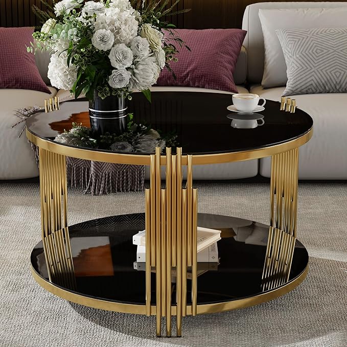 Modern Black Mirror Coffee Table, Asymmetrical Metal, Circular Metal Drum Base, Gold Finish & Lower Shelf