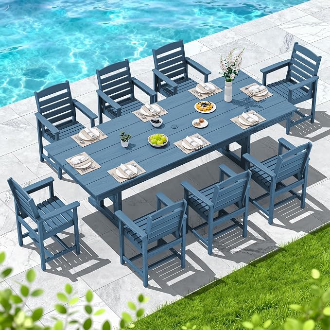 SERWALL Outdoor Dining Chairs Set of 4, All-Weather HDPE Patio Chair with 19.7" Widened Seat, for Backyard, Garden, Blue - Image 3