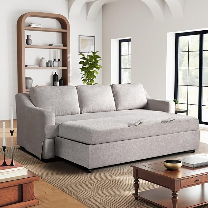 Serta® Hawthorne 90.6" Slipcovered Queen-Size Convertible Pop-up Sofa, Dreamcoil® Comfort, Woven Polyester Blend Fabric, Linen