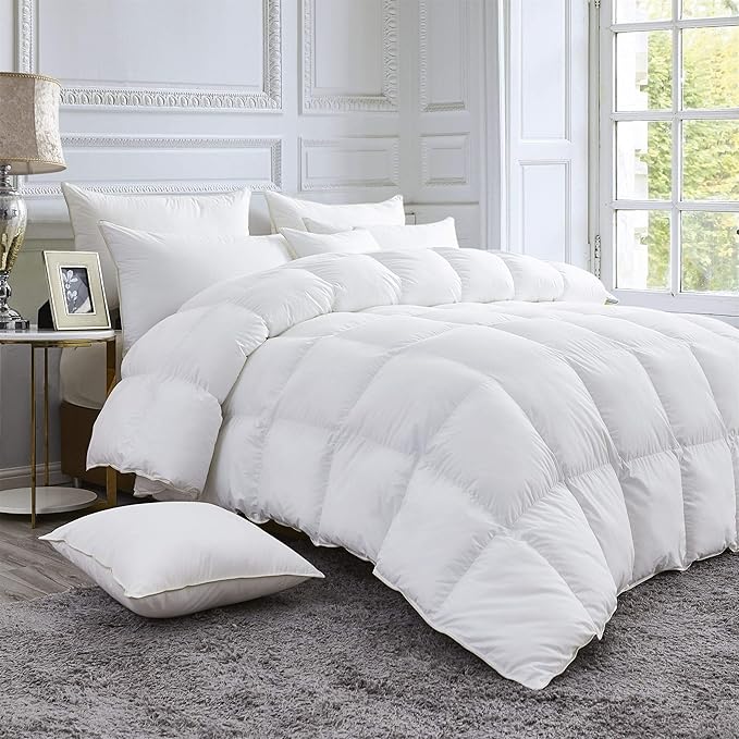 Luxurious Hungarian Goose Down Comforter Duvet Insert Full/Queen Size, All-Season, 65 oz Fill Weight, Premium Baffle Box, 800 Thread Count - 100% Egyptian Cotton Cover (White)