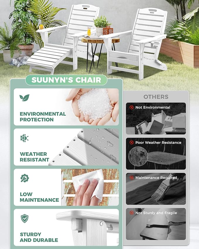 Folding Adirondack Chair with Retractable Ottoman, Weather Resistant Fire Pit Chair Patio Chair with 2 Cup Holder Lawn Outdoor Lounge Chair (White) - Image 6