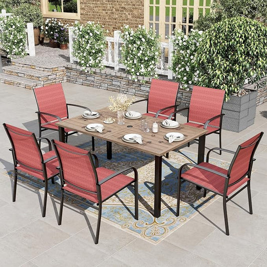 HERA'S HOUSE Patio Table and Chairs for 6, 7 Pieces Outdoor Deck Dining Sets, Wood-Like Rectangular Metal Table Set with Chairs for Lawn Garden Backyard, Red by HERASHOUSE