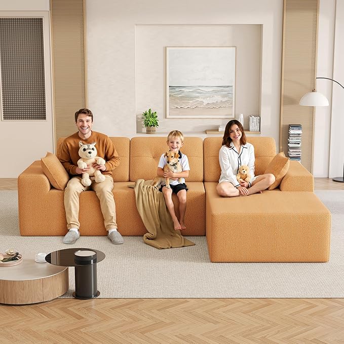 Ball & Cast 106" Cloud Modular Sectional Sofa, Boneless Chenille Couch with Deep Seat, Comfy L-Shaped Sectional, Modern Upholstered Sofa for Living Room, No Assembly (Orange, Right Facing Chaise)