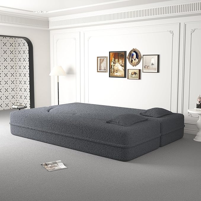 78" Oversized Convertible Folding Sofa Bed Full Size ,35D Full Foam Futon Loveseat Fold Out Couch Floor Mattress Teddy Fleece Lazy Lounge Sofabed for Living Room/Dorm/Guest Use/Home Office/Apartment