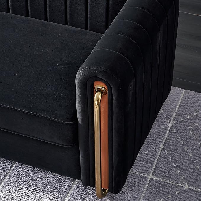 KEIKI 84" Velvet Deep Channel Tufted Sofa with Back Cushions and Rolled Arms, Modern Style 3-Seater Couch with Golden Polished Steel Legs, Easy Assembly, for Living Room, Bedroom, Office, Black