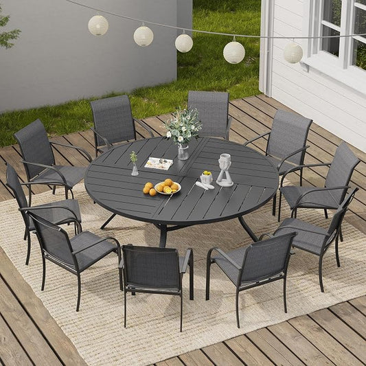VICLLAX 11 Pieces Round Patio Dining Set, Patio Furniture Set of 10 Patio Stackable Dining Chairs and 63" Outdoor Spliced Tabletop with Umbrella Hole, Dark Grey Chairs and Black Table by HOME