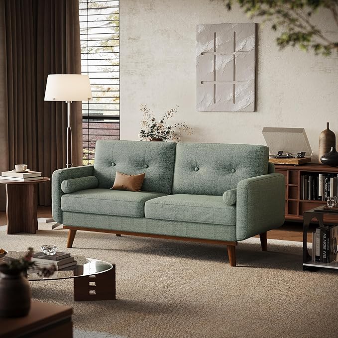 IDEALHOUSE 65" Loveseat Sofa, Mid Century Modern Love Seat Couches for Living Room, Button Tufted Sofa Couch with Wood Legs & Trim for Living Room, Bedroom, Office, Linen, Green