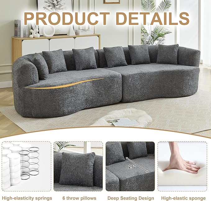 106-Inch Curved Boneless Sofa Couches Compressed 4-Seat Foam Couch for Living Room Bedroom, Boneless Modular Cloud Sofa Curved Floor Couch with 6 Pillows, No Assembly