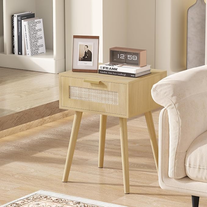 LAZZO Set of 2 Bedroom Nightstands Wooden Night Stands with Rattan Weaving Drawer Home Bedside End Table for Bedroom Storage - Image 2
