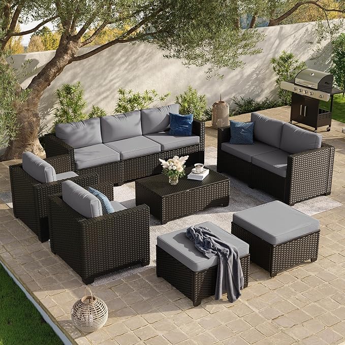 Aoxun 10 Piece Outdoor Patio Furniture Set 9 Seats, Outdoor Sectional with Thick Waterproof Cushions & Storage Coffee Table, Patio Conversation Sets for Garden,Backyard, Porch, Balcony, Deck, Gray