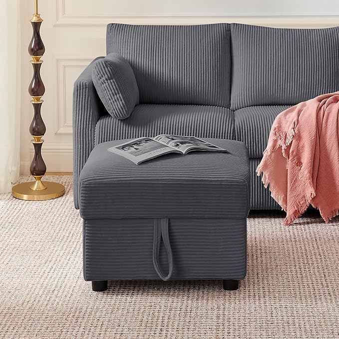 Corduroy Storage Ottoman for Living Room Sofas Couches, Square Ottoman with Storage Space Foot Rest Stool for Apartment, Dorm, Entryway, Grey