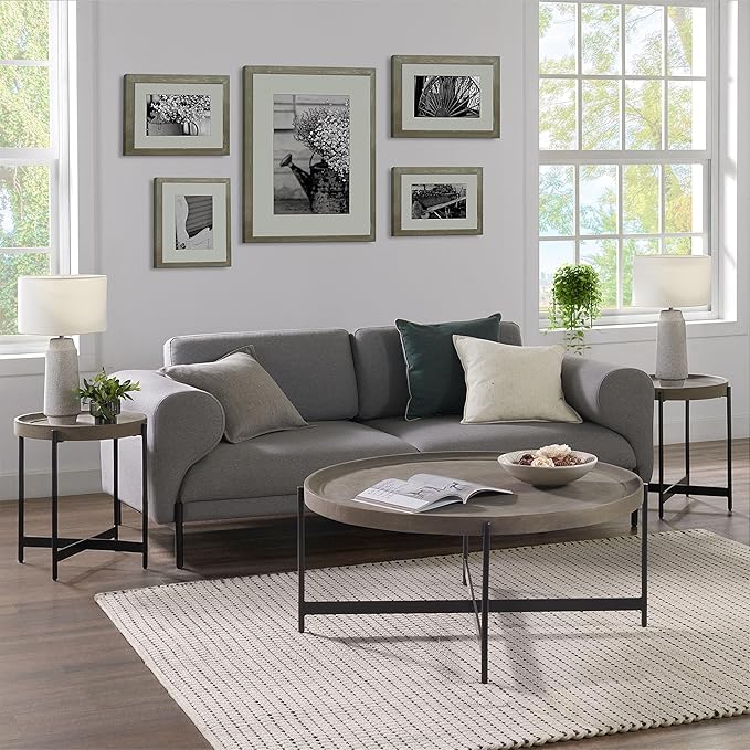 Alaterre Furniture Brookline 42-Inch Round Concrete-Coated Wood Coffee Table with Tray Top and Black Iron Legs – Industrial Farmhouse Living Room Accent Table with X-Frame Base