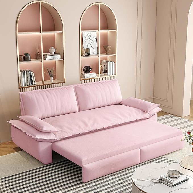 3-in-1 Convertible Sofa Bed Queen Size Pull Out Sleeper Sofa with Heavy Duty Metal Frame, Luxurious Velvet Upholstered Loveseat with 2 Pillows, Modern Folding Guest Bed for Living Room, Apartment