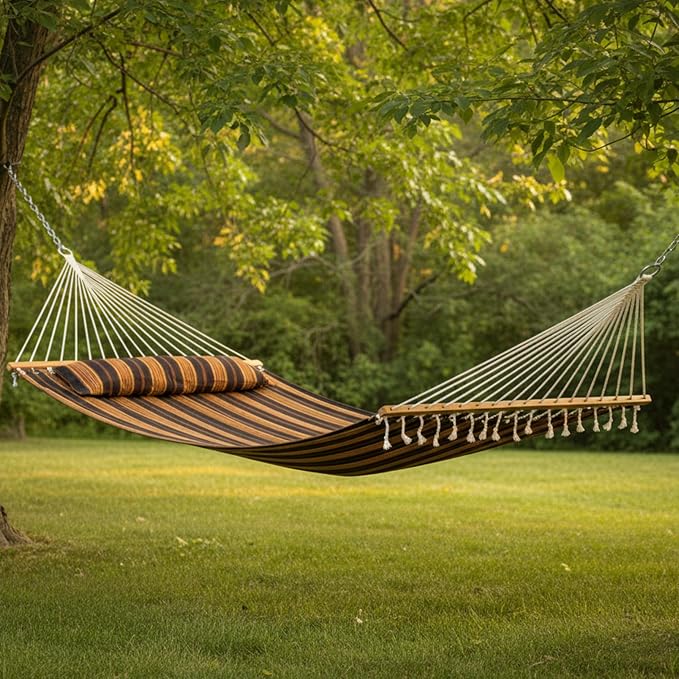 Sunnydaze Quilted Double Hammock for Outside with Spreader Bars and Pillow - 450 lb Capacity, 74x55 Inch Bed, UV Resistant, Quick Dry - Chains Included, Stand Sold Separately - Woodland Stripe - Image 8
