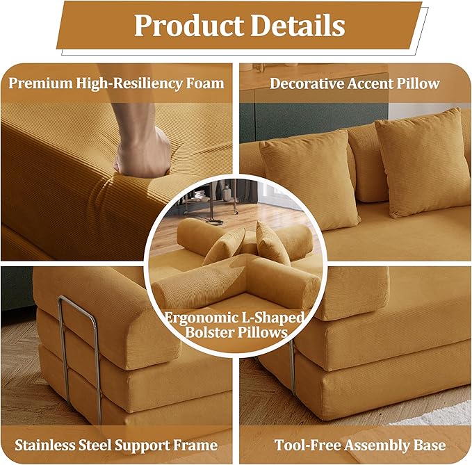 63'' Convertible Compressed Corduroy Folding Sofa Bed, Modern Modular Boneless Pull Out Loveseat Sleeper in a Box, 5 in 1 Floor Mattress Futon Couch, No Assembly Needed, Yellow, 2 Pillows, Queen
