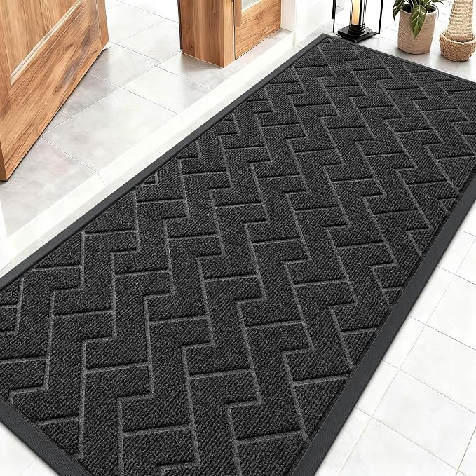 OLANLY Front Door Mat Indoor Outdoor Entrance, Waterproof All-Season, All-Weather Doormat, Sturdy Natural Rubber, Low Profile, Easy Clean Patio Porch Entryway Mat, Herringbone Brick (Black, 59x23) by OLANLY