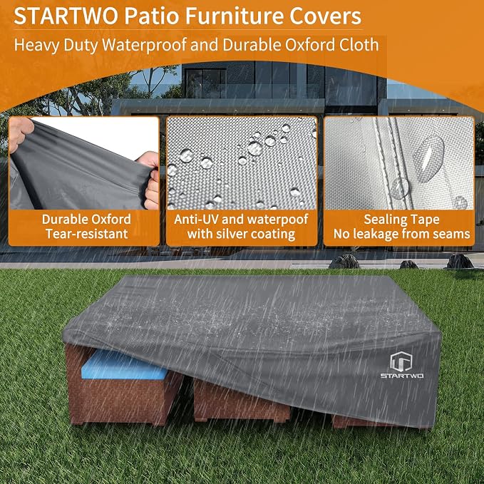 STARTWO Patio Furniture Covers Waterproof, Anti-UV Tear-Resistant 500D Heavy Duty 7-12 Seats Outdoor Furniture Cover for Sectional Sofa and Table Chairs, 110"x84"x28", Grey - Image 3