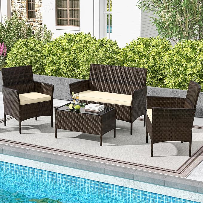 DORTALA Wicker Patio Furniture Set 4 Piece, Outdoor PE Rattan Table & Chairs Set with Tempered Glass Coffee Table, Loveseat, Cushions, Conversation Set for Balcony, Porch, Backyard, Deck, Beige