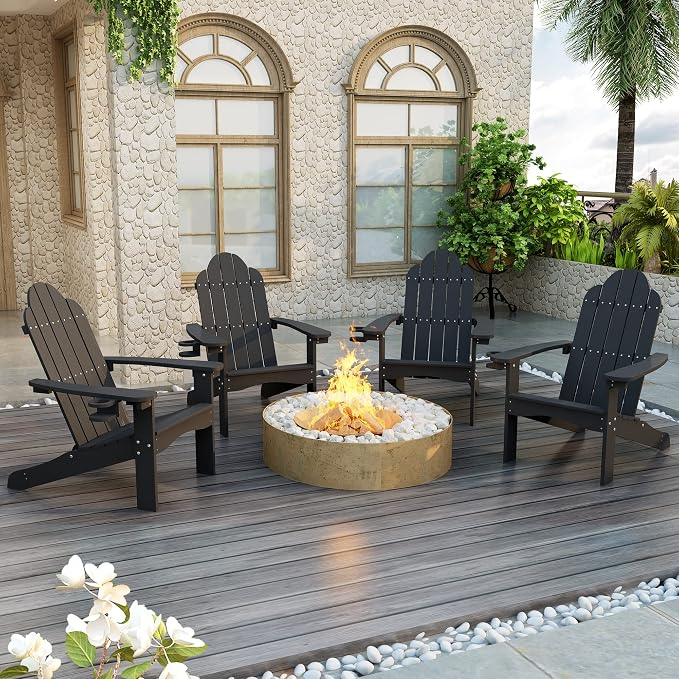 LUE BONA HDPS Adirondack Chairs Set of 2, Long-Lasting All-Season Outdoor Patio Chairs, Hidden Cup Holder, 350 LBS, Black by LUEBONA