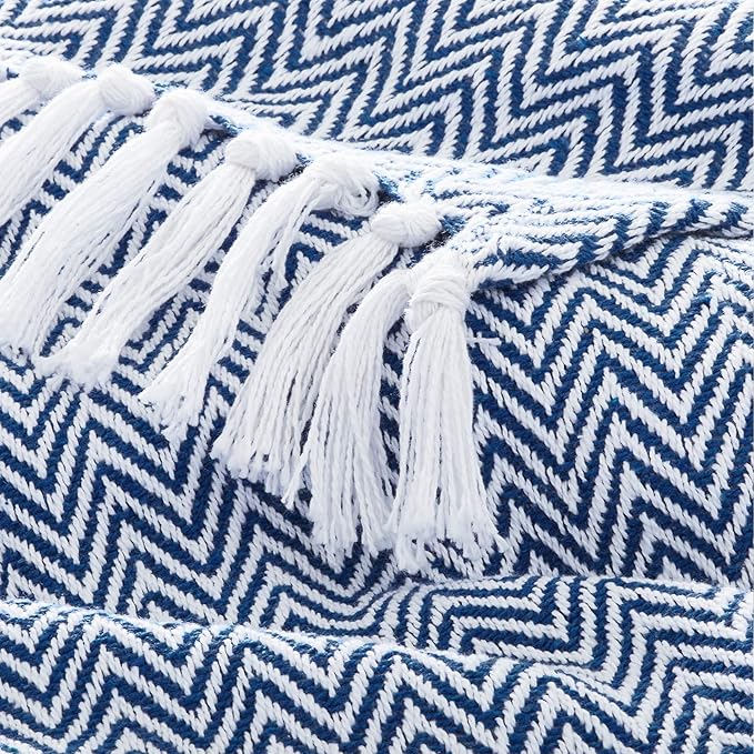 Americanflat 50x60 Throw Blanket - Soft and Breathable Cotton Throw Blanket for Couch, Bed, Chair - Decorative Blankets Perfect for Home, Office, or Outdoor Use - Blue and White Herringbone Design
