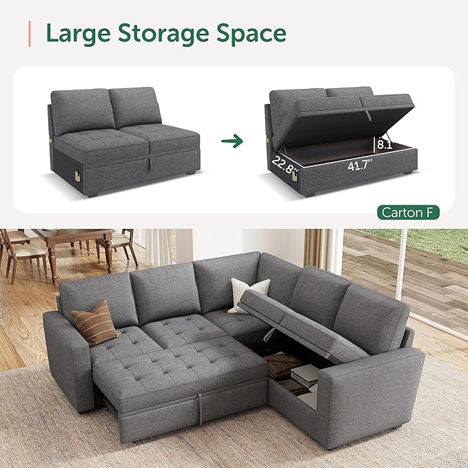 HONBAY Modular Sectional Sofa with Pull Out Bed Convertible L Shaped Couch with Storage Seat Sleeper Sectional Couches for Living Room,Mid Grey