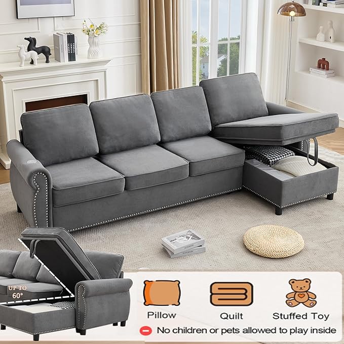 ERYE L-Shaped Reversible Sectional Sofa with Pull Out Queen Memory Mattress Sleeper Bed, 2-in-1 L-Shaped Corner Sectional Couches W/Wireless Charging, Storage Chaise Lounge