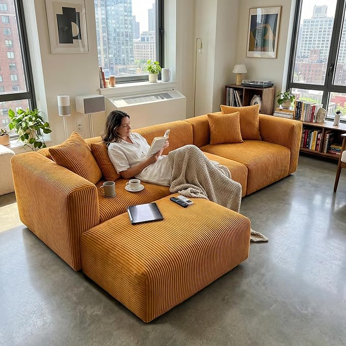 Acanva Convertible Modular Sectional Sofa with Movable Ottomans, Free Combination Corduroy Couch for Living Room Apartments, L-Shaped, Yellow