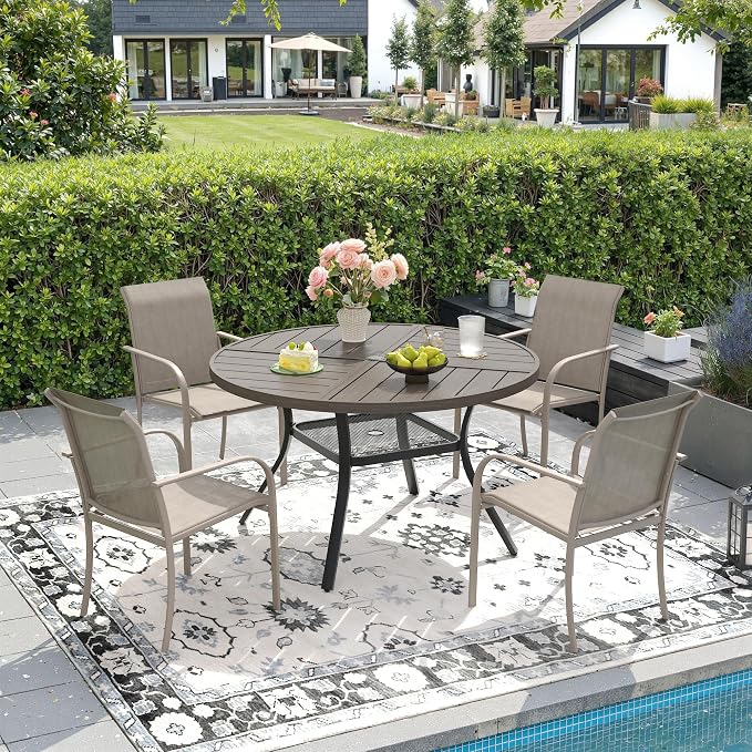 DIFY 5 Pieces Outdoor Patio Dining Set for 4, 40.6" Grey Wood-Like Round Metal Dining Table and 4 Sandshell Stackable Sling Dining Chairs, Outdoor Table and Chairs for Lawn Garden Backyard Deck by DIFY
