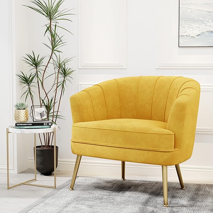 Andeworld Velvet Accent Chair, Upholstered Modern Single Sofa Side Chair,Comfy Barrel Club Living Room Armchair with Golden Metal Legs for Bedroom Living Reading Room Office, Yellow