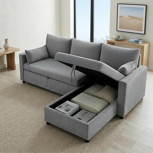 Casaphoria 85" Corduroy Sleeper Sofa with Pull Out Bed & Storage Chaise, L-Shaped Sectional Couch for Small Apartment, Living Room & Guest Room, 3-Seat Convertible Sofa Bed, Dark Gray