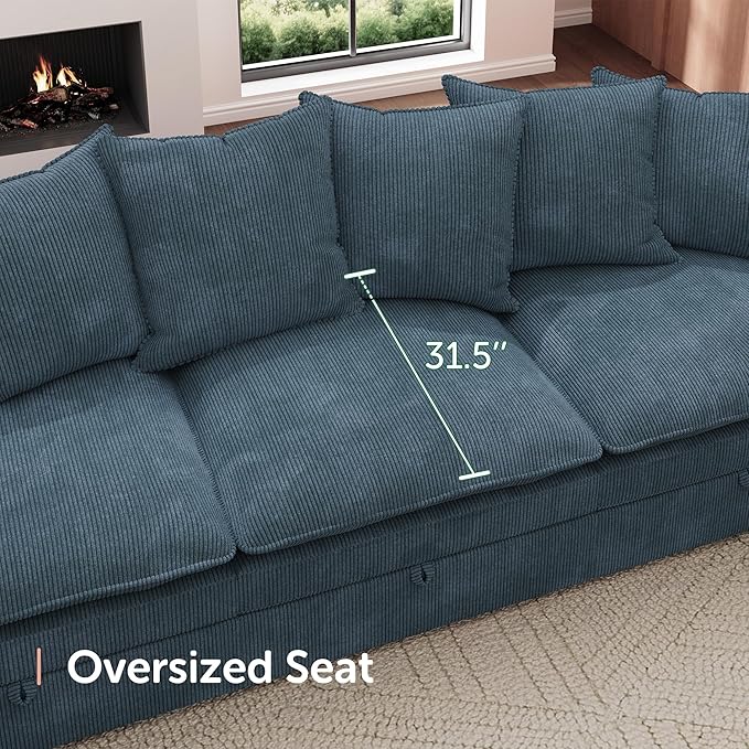 HONBAY Modular Sectional Sofa, 105.5 Inch Corduroy Sectional Couch, 4 Seaters L Shaped Sofa with Storage & Pillows for Living Room, Blue