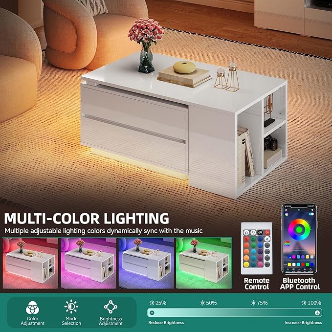 YITAHOME Coffee Table LED Coffee Table with 4 Storage Drawers, Extendable Coffee Tables for Living Room, Modern Wooden Rectangle Cocktail Table with Open Shelves & Sliding Tabletop 35"- 61", White