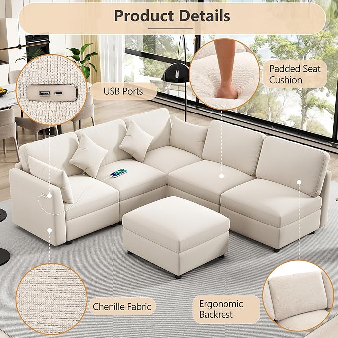 6 Seater Reversible Modular Sectional Sofa Convertible Sleeper Couch Bed , Free Combination Chenille Upholstered Corner Sofa&Couches with USB Ports and Detachable Cushions for Living Room Furniture