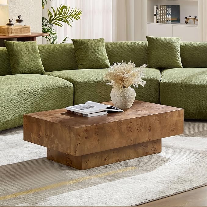 WILLIAMSPACE 43.31" Rectangle Coffee Table with Burl Wood Veneer & Sturdy Base, Modern Luxury Wood Drum Center Table Accent Side End Table for Living Room Apartment, Walnut